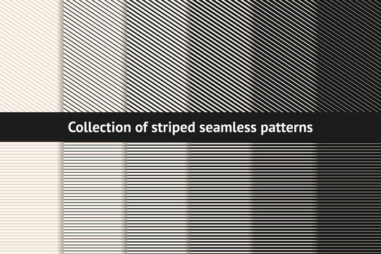 Striped patterns collection. Vector geometric seamless textures with diagonal and horizontal stripes, lines, streaks,  different thickness. Set of black and white minimal abstract background swatches