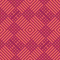 Vector geometric lines seamless pattern. Modern texture with squares, stripes, lines, chevron, repeat tiles, rhombus, diamond. Simple abstract geometry. Burgundy and coral color graphic background