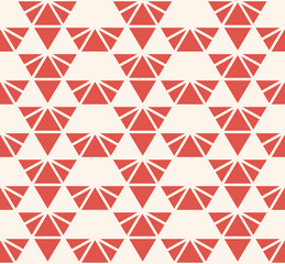 Vector geometric triangles seamless pattern. Abstract texture in terracotta red and beige color. Elegant minimal graphic background with triangles, diamonds, pyramids, grid, net. Simple repeat design