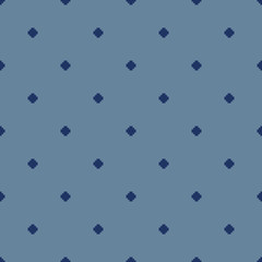 Vector minimalist floral geometric seamless pattern. Simple texture with small crosses, squares, flower silhouettes, dots. Pixel art background. Navy and blue color. Elegant minimal repeatable design