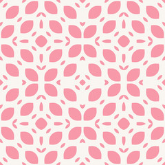 Vector seamless pattern. Simple pink and white geometric texture. Elegant background with curved shapes, petals, leaves, mesh, grid, tissue. Cute abstract minimal repeat design for decor, wallpapers