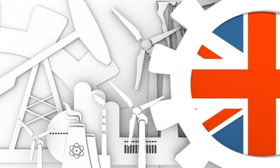 Energy and Power icons set. United Kingdom flag in gear. Sustainable energy generation and heavy industry. Heavy industry concept. 3D rendering