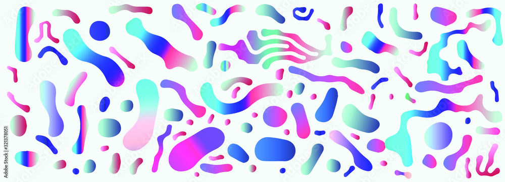 Poster abstract colorful blobs set in gradient blue, cyan, pink, green colors. hatched shapes and dots, flo