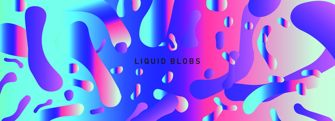 Naklejka na ściany i meble Abstract colorful blobs set in gradient blue, cyan, pink, purple colors. Hatched shapes and dots, flowing liquid, dynamical forms. Vector illustration for banner, poster, cover design