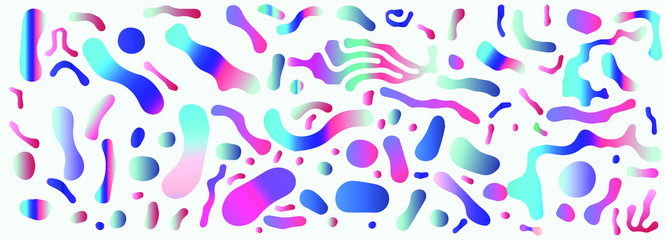 Abstract colorful blobs set in gradient blue, cyan, pink, green colors. Hatched shapes and dots, flowing liquid, dynamical forms. Vector vaporwave style illustration.