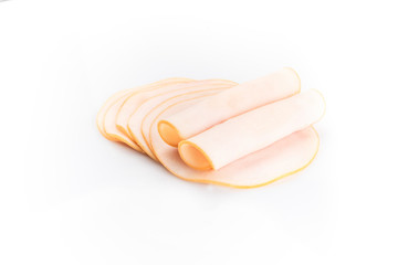 A various composition of poultry, chicken, cold cuts slices, isolated on white background.