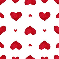 Seamless pattern of watercolor red hearts. Vector. Isolated background. Romantic ornament. The idea for the cover, Wallpaper, walls, fabric. Valentine day, wedding, love. Holiday print.