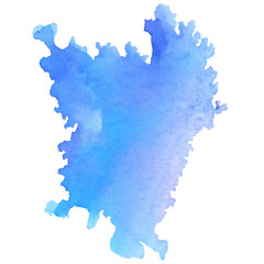 Blue water-colour blot in hand drawn style on white background. Abstract frame background. Vector brush stroke.