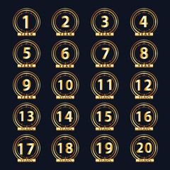 Set of gold numbers from 1 to 20 and the word of the year decorated with a circle of stars