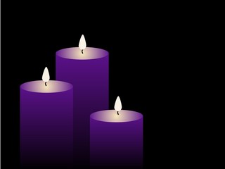 Obraz na płótnie Canvas Three purple cartoon candles with a black background