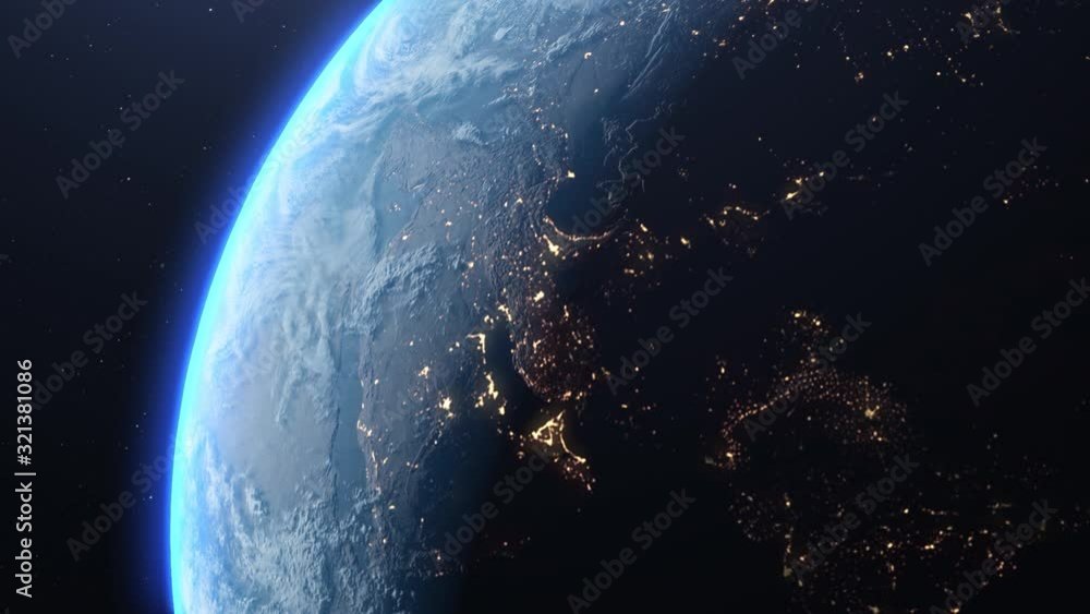 Wall mural 4k beautiful sunrise world skyline. planet earth from space. planet earth rotating animation. clip c