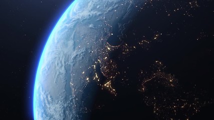 4K Beautiful sunrise world skyline. Planet earth from space. Planet earth rotating animation. Clip contains space, planet, galaxy, stars, cosmos, sea, earth - Powered by Adobe