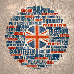 Word cloud with words related to politics, government, parliamentary democracy and political life. Flag of the UK.