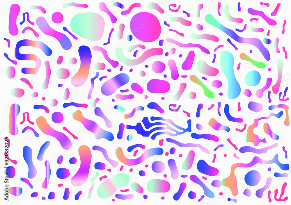 Aufkleber abstract colorful blobs set in gradient blue, cyan, pink, green colors. hatched shapes and dots, flo