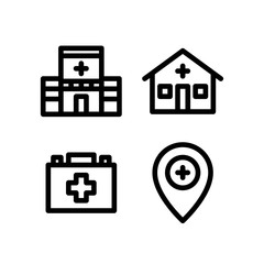 Hospital, Clinic Location & First Aid Kit Icon. Building Icon Set Vector Logo Symbol.