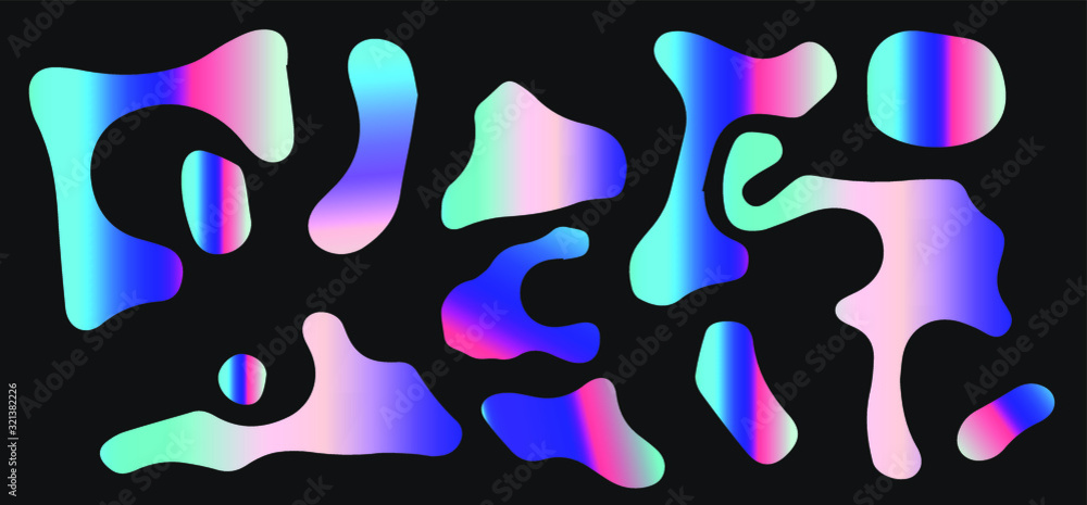 Poster abstract colorful blobs set in gradient blue, cyan, pink, green colors. hatched shapes and dots, flo