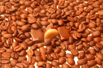 background of coffee beans and candy