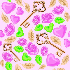 Seamless pattern for wallpaper, wrapping paper, birthday gift wrap, Valentine's Day.  Cute pattern with hearts,  wedding, keys, rose flowers on pink background. Romantic vector illustration.