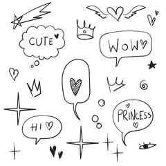 set of Cartoon dialogs cloud with princess elements. Set of think and talk speech bubbles for messages and dialog words. Doodle style clouds, hearts, stars, crowns collection © Gwens graphic studio