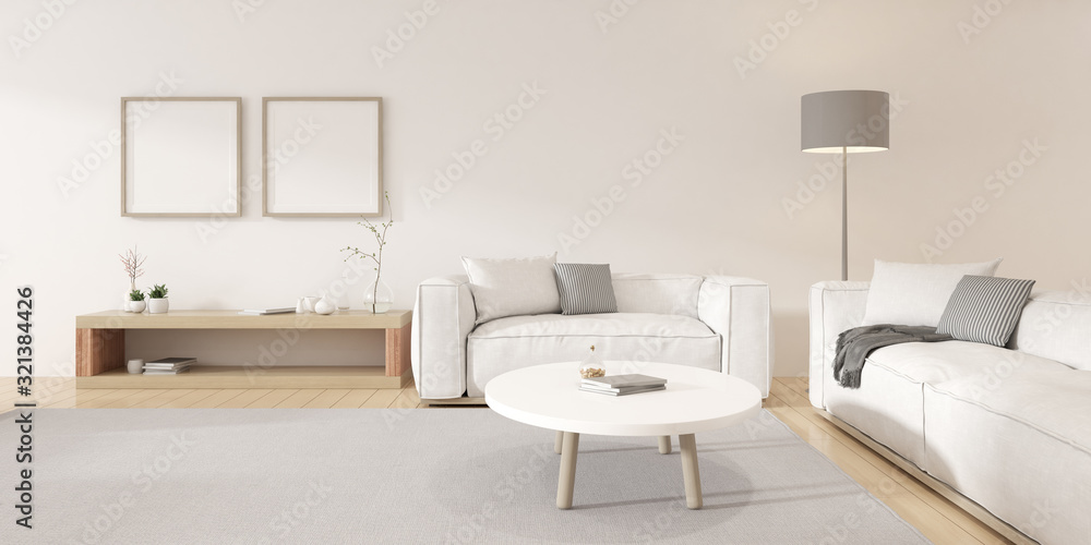Poster perspective of modern living room with bright furniture and white sofa with picture frame on wall. m
