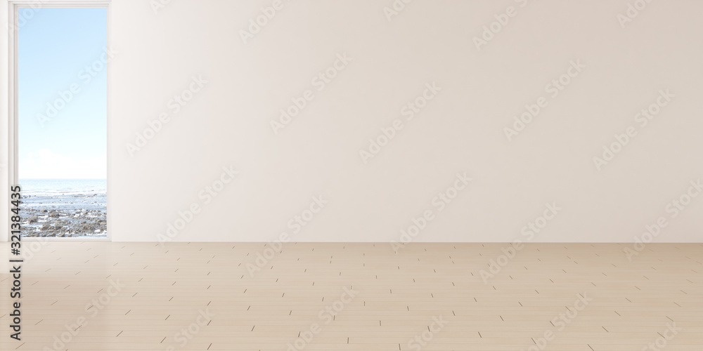 Poster mock-up of white empty room and wood laminate floor with sun light cast the shadow on the wall,persp