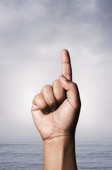 one finger pointing up hand sign