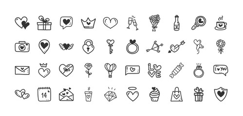 Set of black doodle icons. Collection of love drawing the hand. Design element for Valentine's day. Vector illustration.