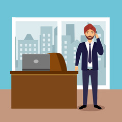 Indian businessman in formal suit talking on mobile phone in his office room. Manager talking on cell phone flat design vector illustration.