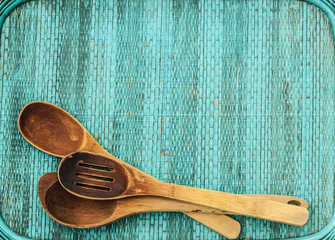 tools on wooden turquoise background