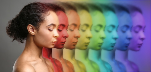 Beautiful African-American woman and her colorful energy fields - obrazy, fototapety, plakaty
