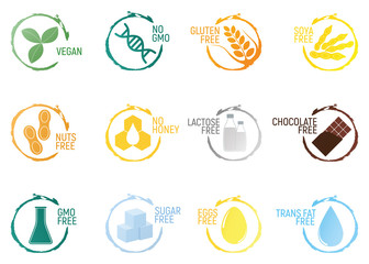 Set of allergen food, GMO free products icon and logo. Intolerance and allergy food. Concept cartoon vector illustration and isolated art