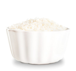 Bowl with boiled rice on white background