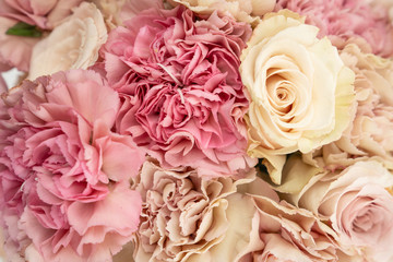 Cream and blush roses and carnations in a fresh flower bouquet on white background