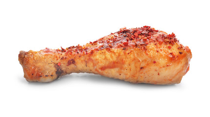 Cooked chicken drumstick on white background