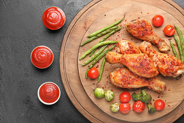 Cooked chicken drumsticks with vegetables and sauce on dark background