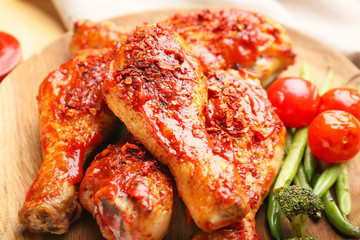 Cooked chicken drumsticks with vegetables on plate, closeup