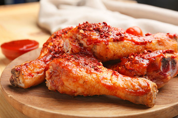 Cooked chicken drumsticks on plate, closeup