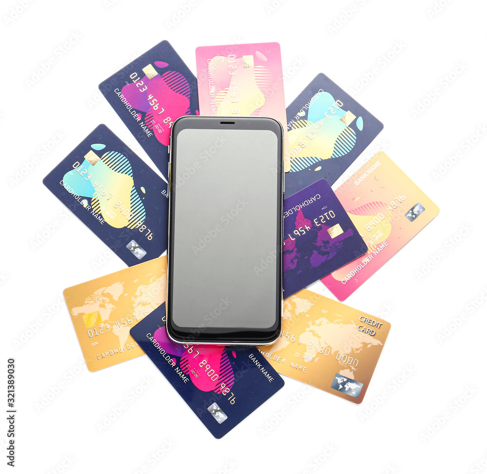 Sticker credit cards with mobile phone on white background. concept of online banking