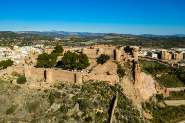 Aerial view of medieval Onda castle near the capital of tile factories in Castillon Spain with an curtain wall strengthened by semi circular towers