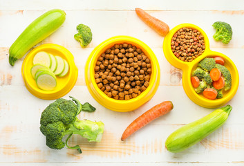 Composition with dry pet food and natural products on wooden background