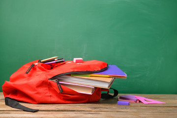 Backpack with school supplies on table near blackboard
