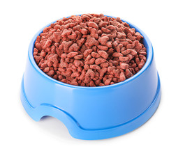 Bowl with dry pet food on white background