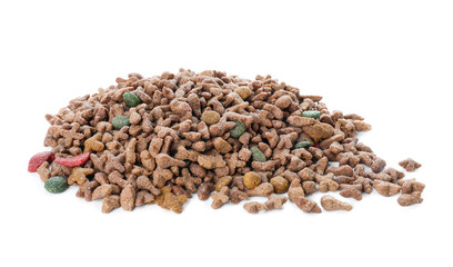 Heap of dry pet food on white background