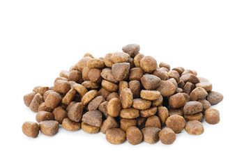 Heap of dry pet food on white background