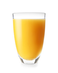 Glass of fresh orange juice on white background