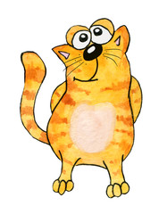 Orange, striped funny cats in cartoon style. Children's watercolor illustration. With a black stroke. Clipart on a white background.