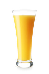 Glass of fresh orange juice on white background