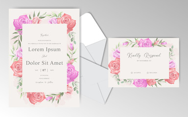 Watercolor Floral Frame Wedding Invitation Cards with Roses and Leaves