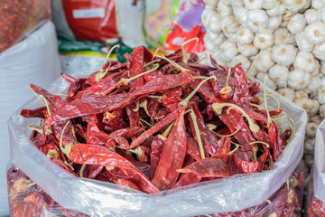 Selective focus dried red chilli background.
