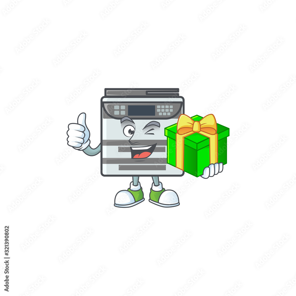 Sticker cute professional office copier character holding a gift box